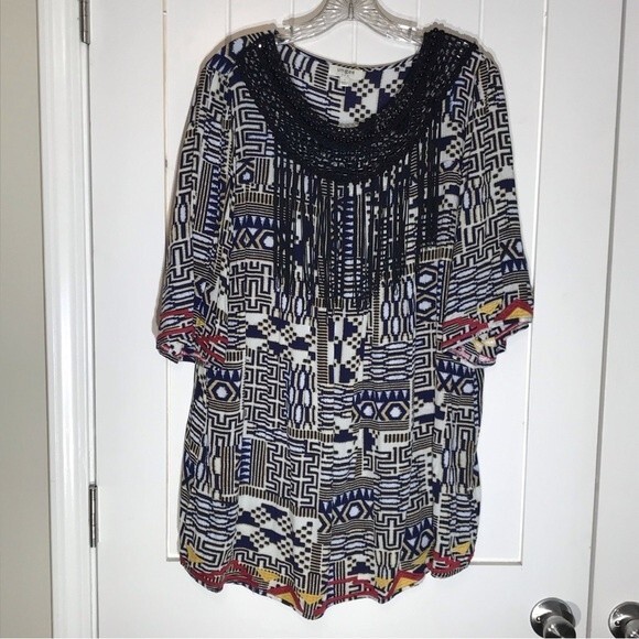 Umgee Scoop Neck Tunic Top Crocheted Embroidered Beaded Fringed Accents - Picture 2 of 10